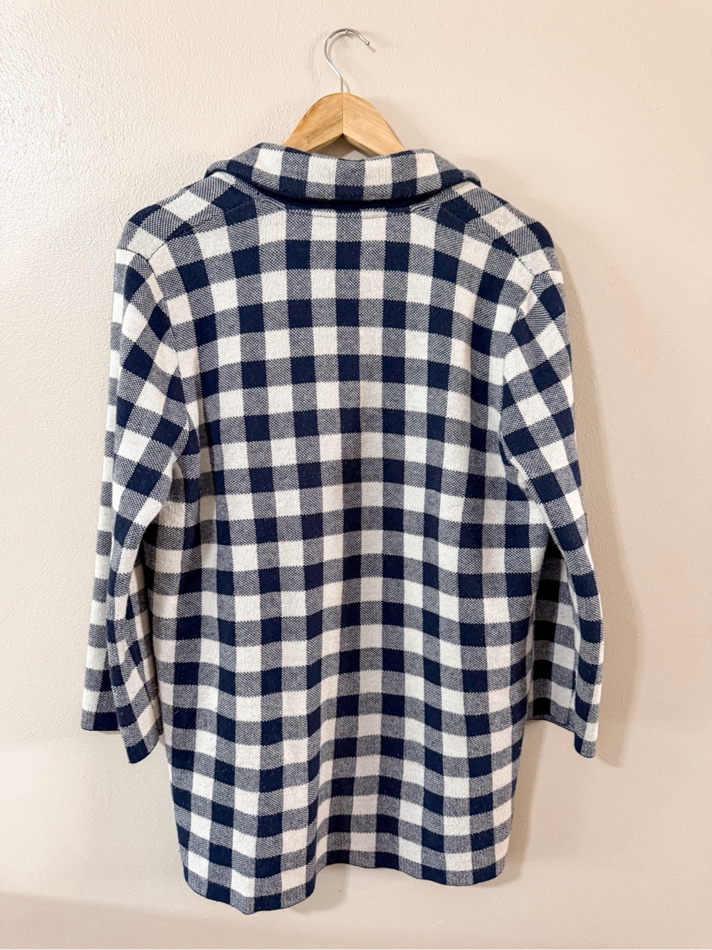J. Crew | Sophie Gingham Navy Blue & White Merino Wool Blend Open Front Cardigan - Picture 2 of 10